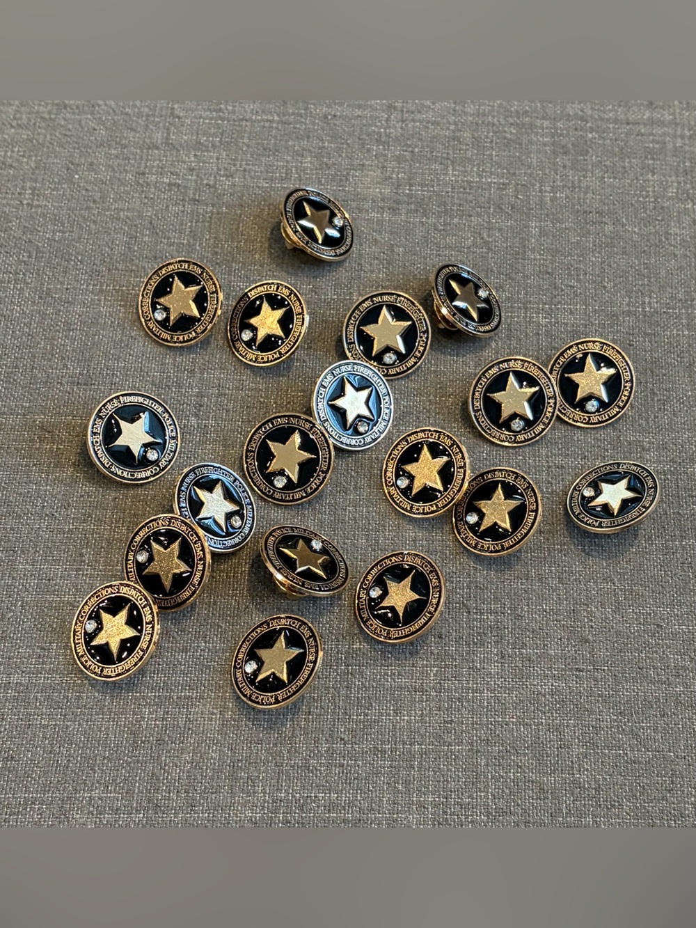 Lot of 17 First Responder Star Lapel Pins Gold Tone Black Rhinestone